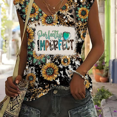 Sunflower & Letter Print V Neck Tank Top - Summer Sleeveless Casual Top