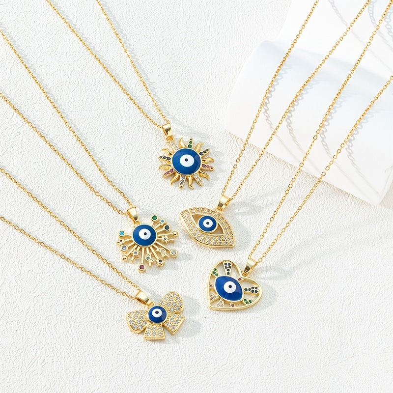 Colorful Rhinestone Eyes Pendant Necklace with Sun Heart Butterfly Starry Sky