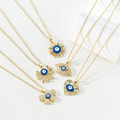 Colorful Rhinestone Eyes Pendant Necklace with Sun Heart Butterfly Starry Sky