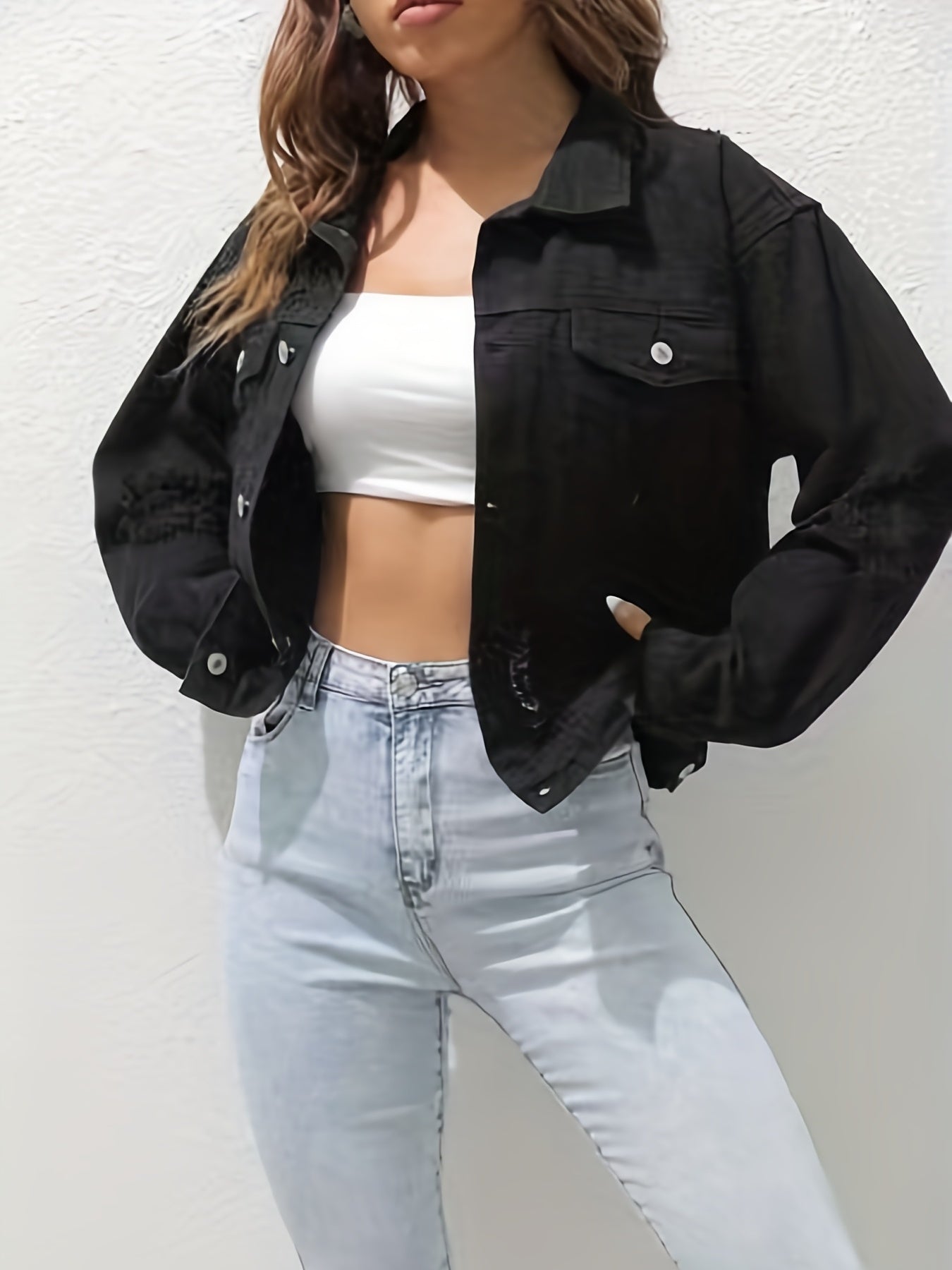 Ripped Holes Denim Jackets Long Sleeves Single Breasted Button Lapel Denim Coats