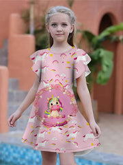 Girls Unicorn Print Dress Ruffle Trim Spring Summer Party Holiday Gift