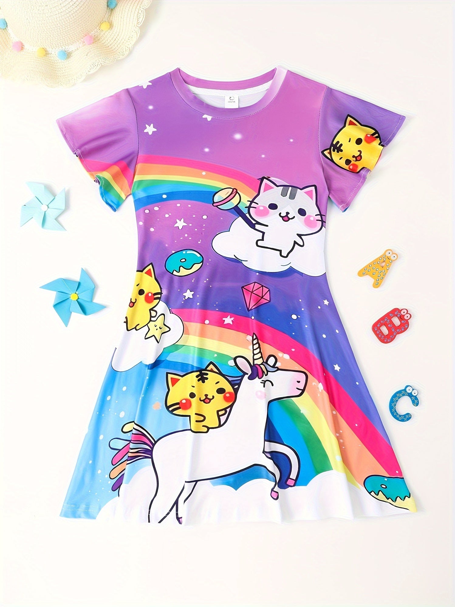 Girls 3D Kitty & Unicorn Graphic Dress Girls Comfy Short Sleeve