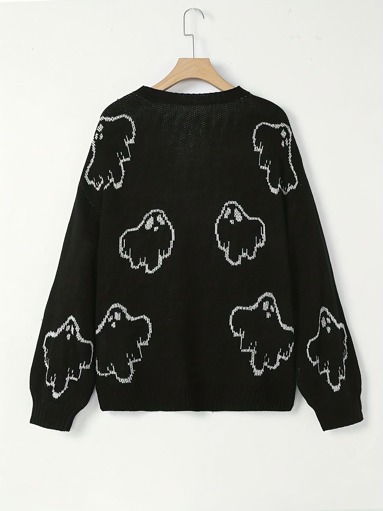 Women's Plus Ghost Pattern Halloween Sweater Long Sleeve Pullover