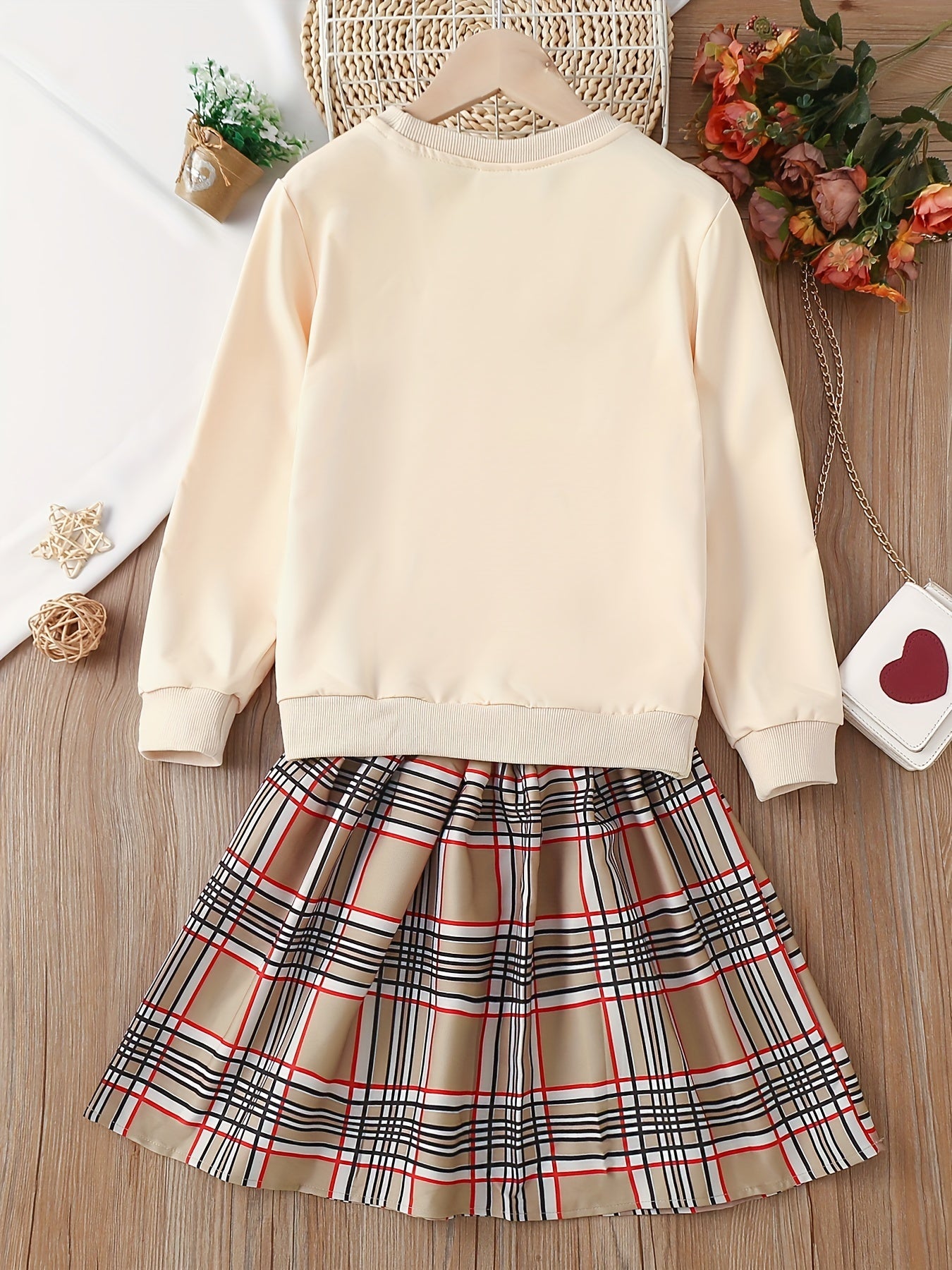 Cartoon Bear Embroidery Sweatshirt & Plaid Skirt Set for Holiday Party