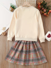 Cartoon Bear Embroidery Sweatshirt & Plaid Skirt Set for Holiday Party