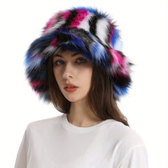 Rainbow Striped Plush Bucket Hat Lightweight Warm Bucket Hat