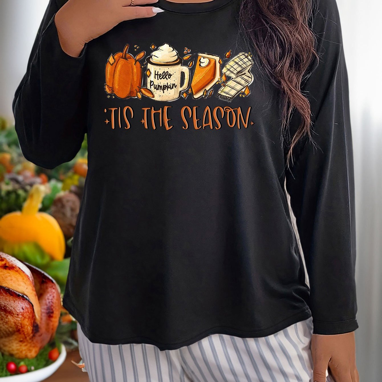 Women's Plus Size Pumpkin & Cake Graphic Long Sleeve Casual Sleepwear Top