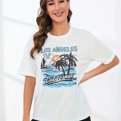 LA Print Crew Neck T Shirt Short Sleeve Casual Sport Tops