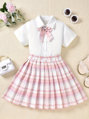 Girls Bow Front Button Short Sleeve Blouse Top & Plaid Pleated Skirt Set