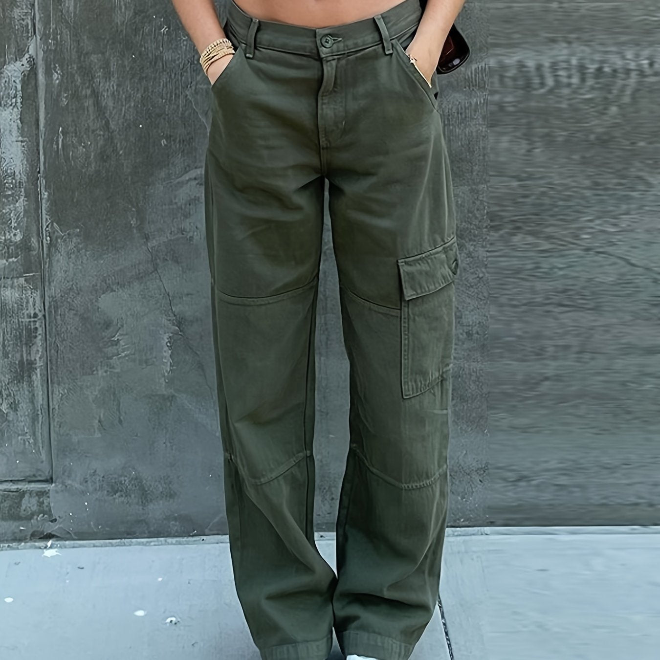 Green Loose Fit Straight Jeans Flap Muti Pockets Wide Legs
