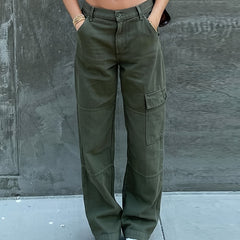 Green Loose Fit Straight Jeans Flap Muti Pockets Wide Legs