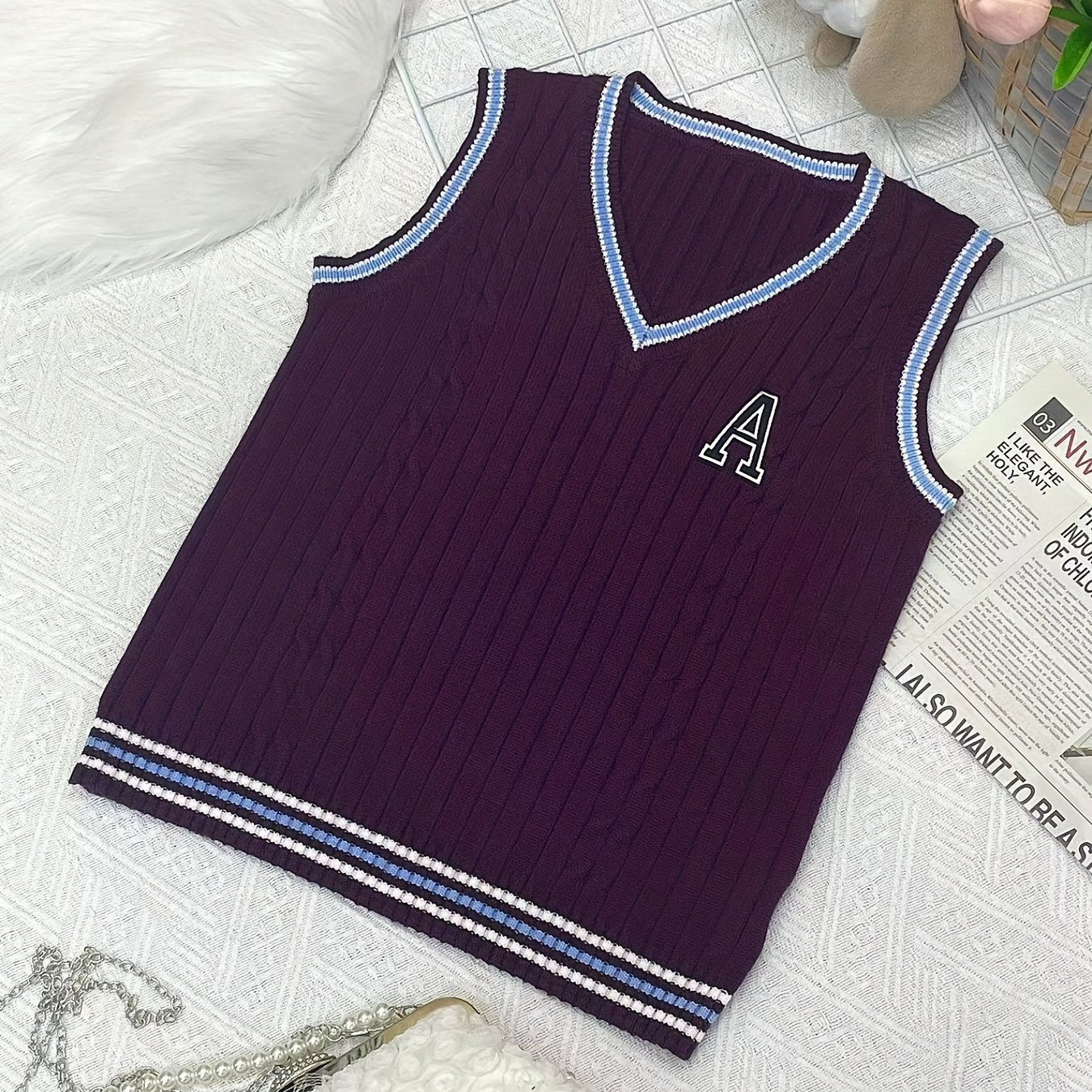 Youth V Neck Knitted Vest Uniform Varsity Style