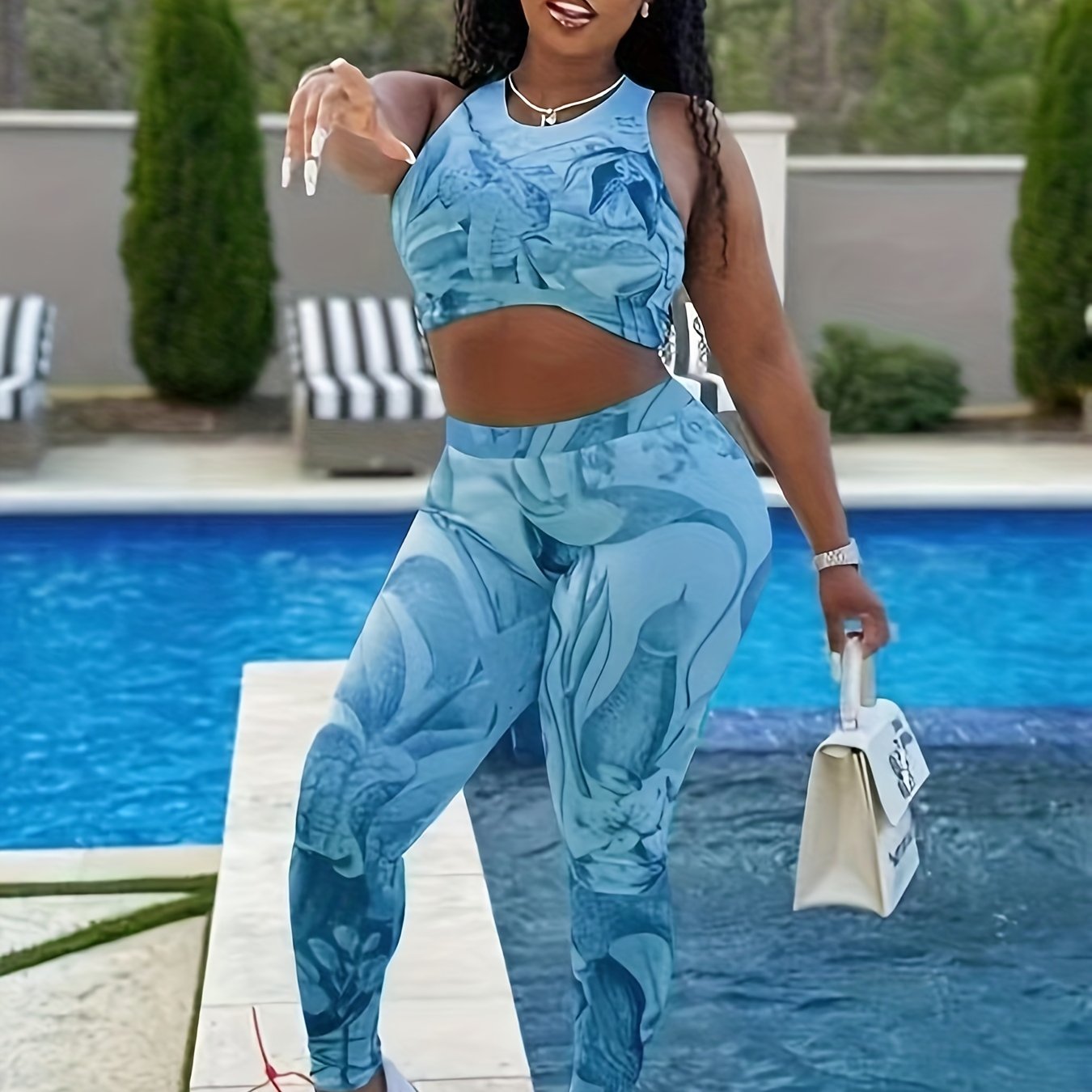 Women's Plus Tropical Print Crop Tank Top & Leggings Outfits 2 Piece Set