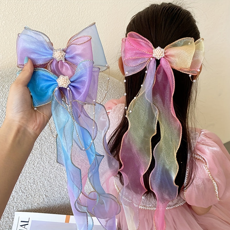 Mesh Gradient Bow Tassel Hair Clips for Holiday Party Girls