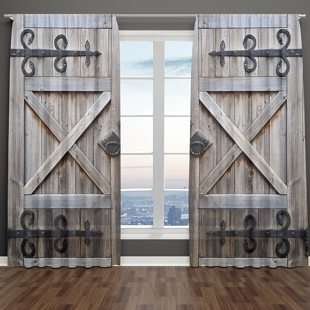 2pcs Vintage Door Curtains Retro Wooden Door Polyester Fiber Waterproof Material