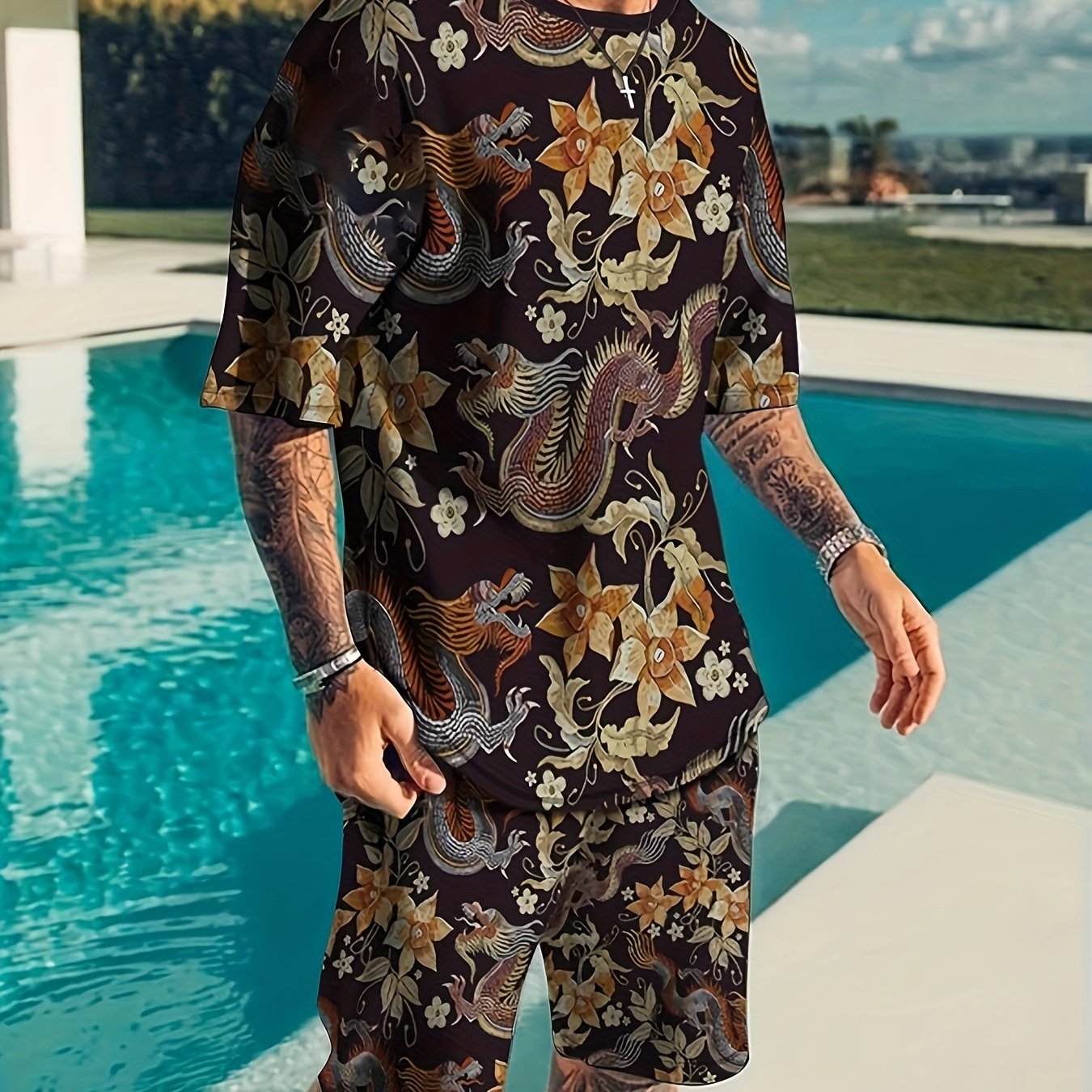 Dragon Print Men's 2 Piece Outfits T-shirt & Shorts Set for Summer