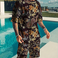 Dragon Print Men's 2 Piece Outfits T-shirt & Shorts Set for Summer