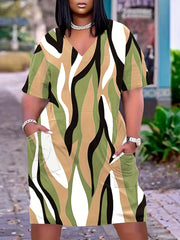 Colorblock Stripe Print Dress With Pockets