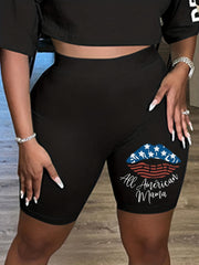 Plus Size Zipper Mouth Print High Rise Biker Shorts