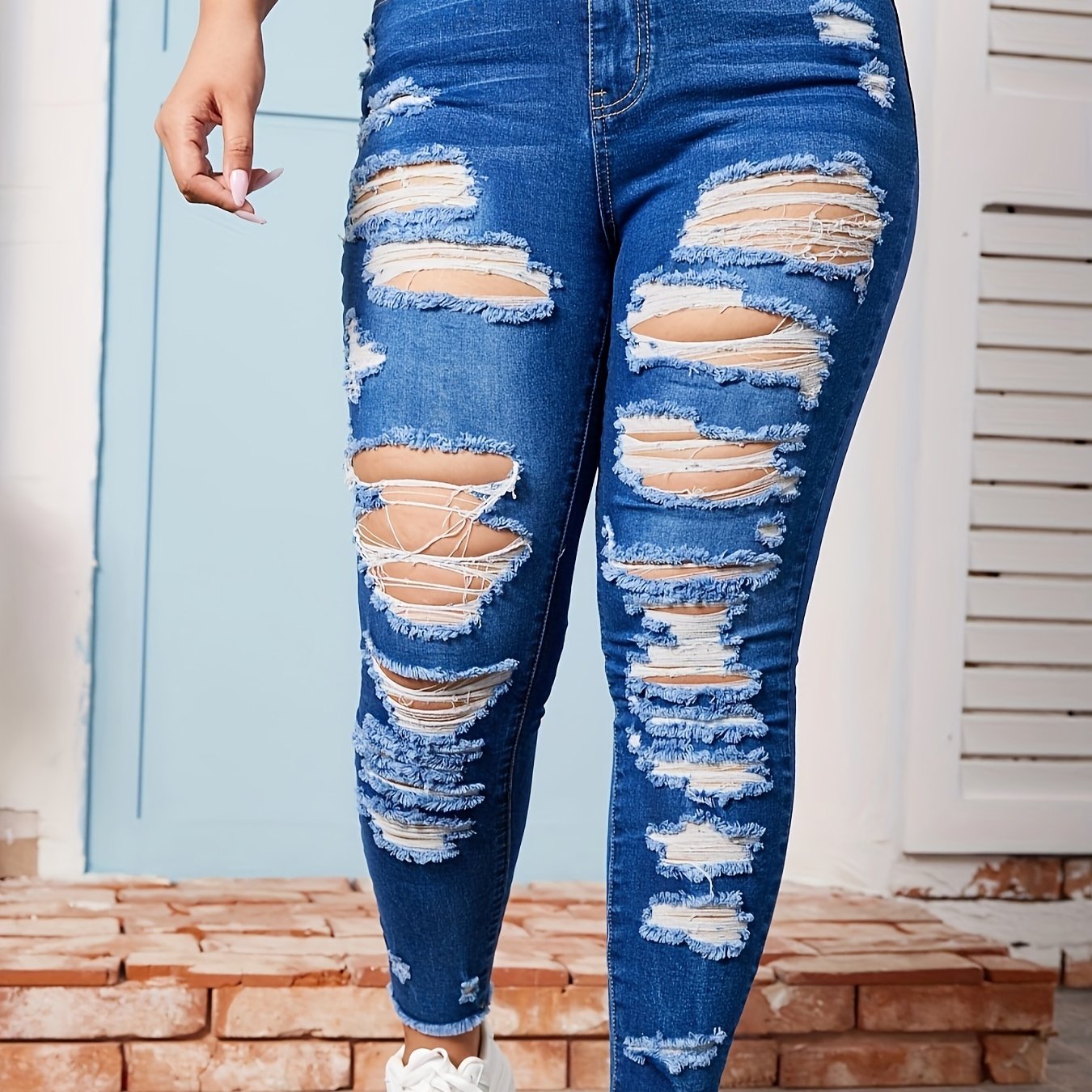 Plus Solid Button Fly Ripped Fringe Trim High Rise Skinny Jeans
