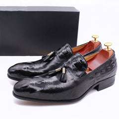 Men's Croc Print Leather Pointed Toe Tassel Loafers