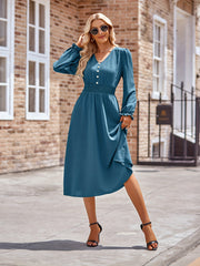 V Neck Button Decor Long Sleeve Dress Spring & Summer Women's Clothing
