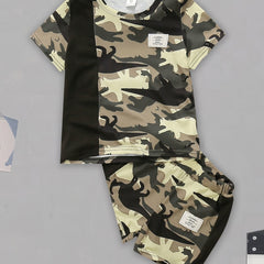 Boys Dino Print Camo T shirt & Shorts Set Kids Summer Clothes