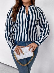 Stripe Print Button Up Lantern Sleeve Shirt Top