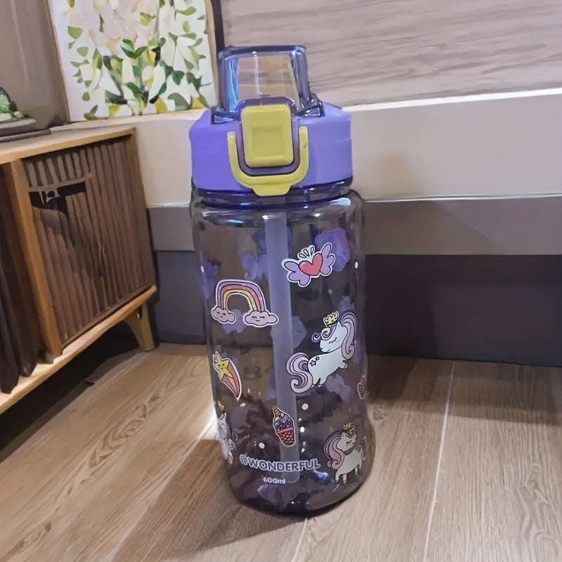 600ml Cartoon Leakproof Water Cup with Straw for Outdoor Sports