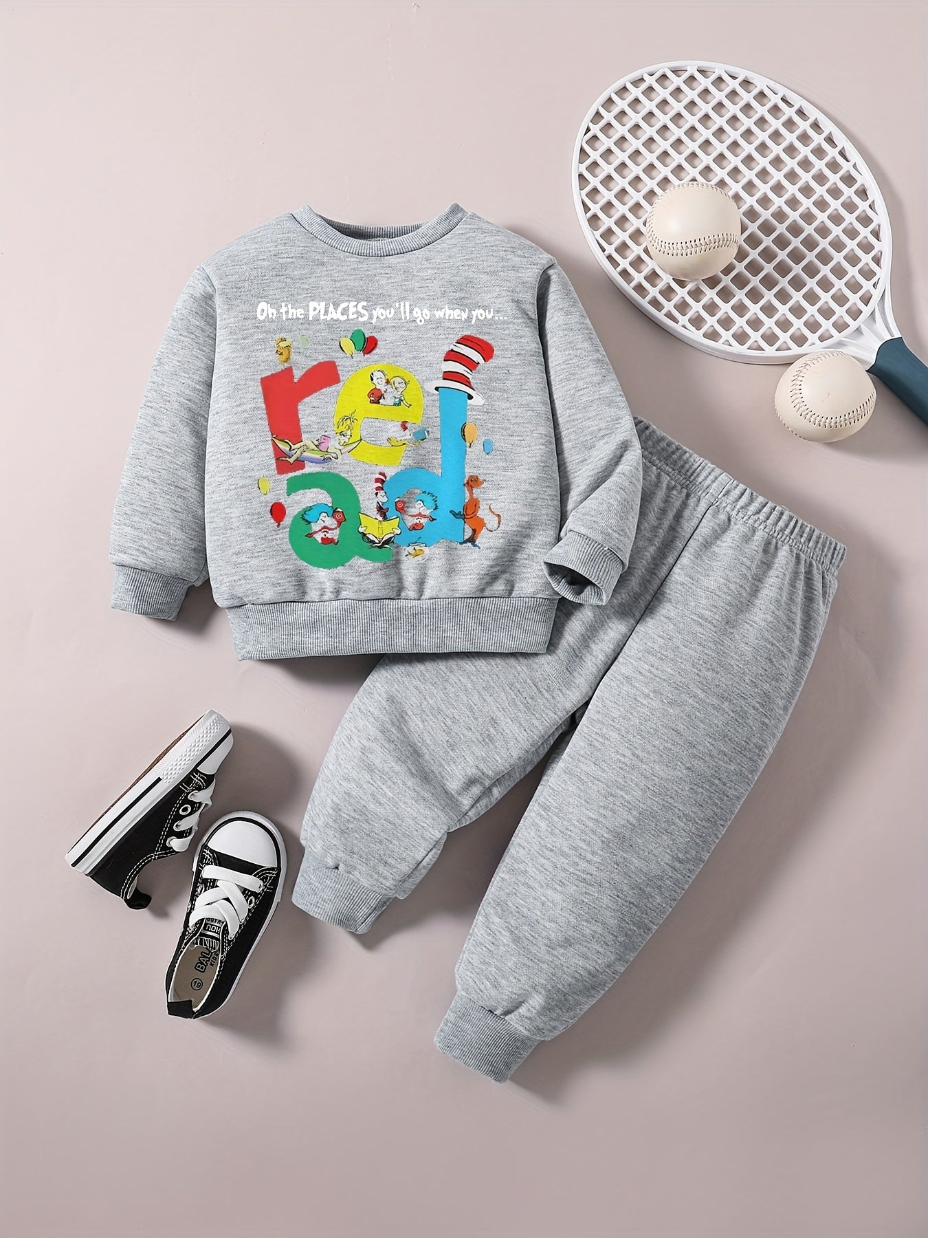 Baby Boy Set Kids Early Educational READ Letter Cartoon Graphic Top Pants Outfit