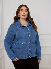 Denim Top Women's Solid Pipping Button Up Long Sleeve Jacket