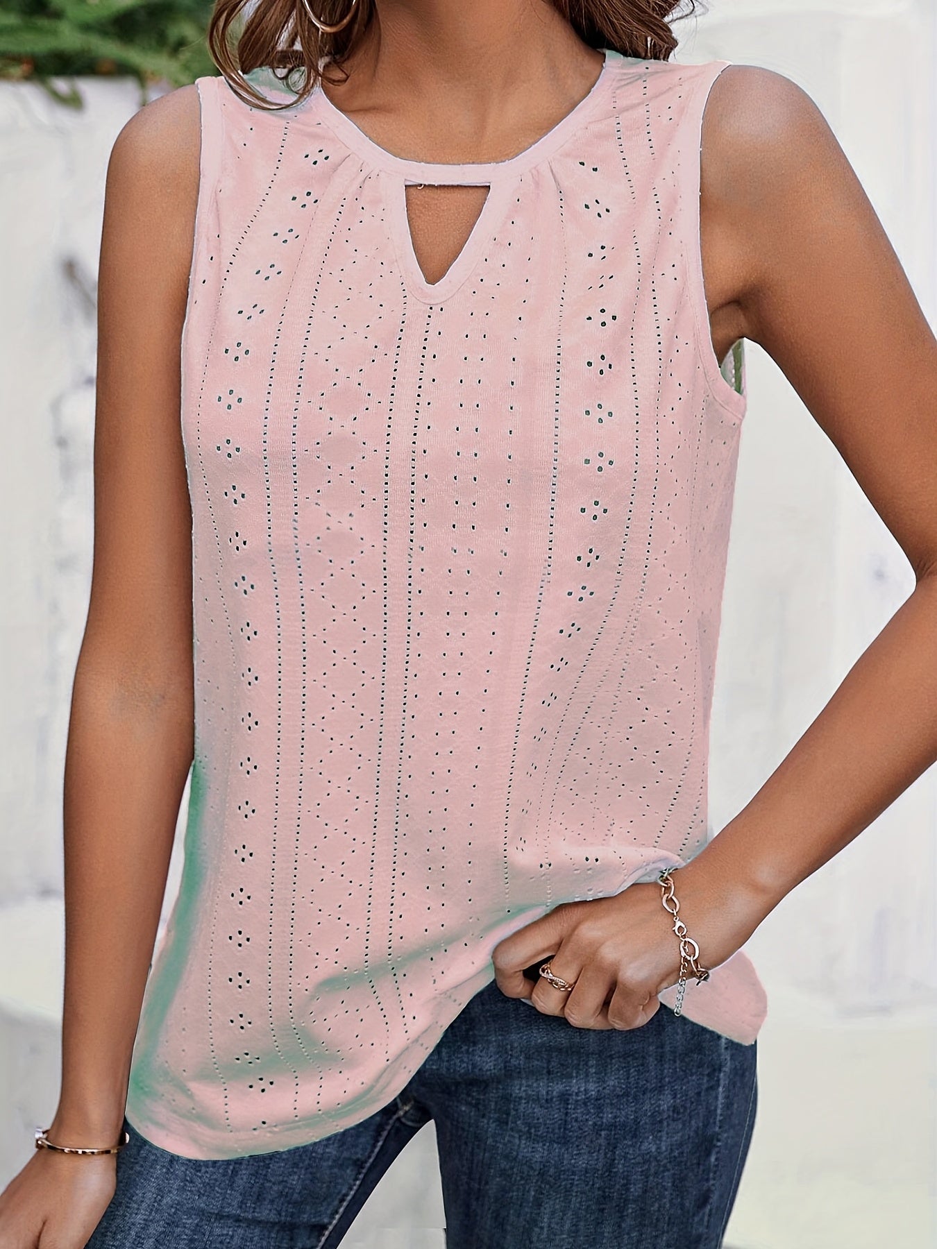 Eyelet Keyhole Tank Top Solid Sleeveless Summer Top
