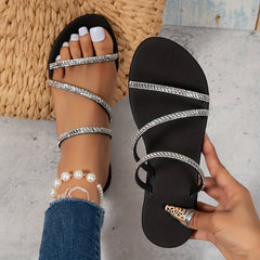 Women's Rhinestone Flat Sandals Slip On Open Toe Outdoor Slides Shoes