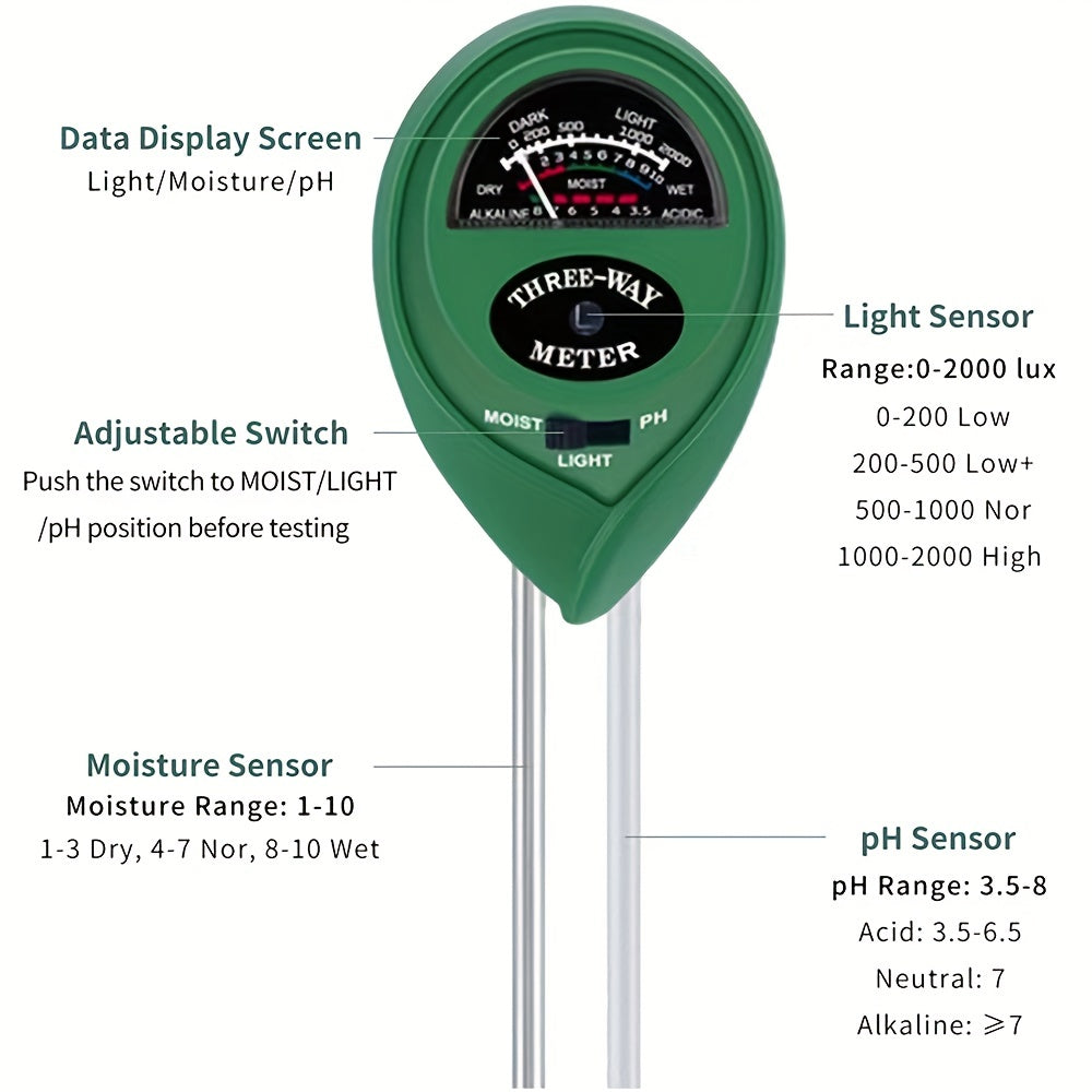 3-In-1 Soil PH Moisture Light Test Kit - Plant Water Meter