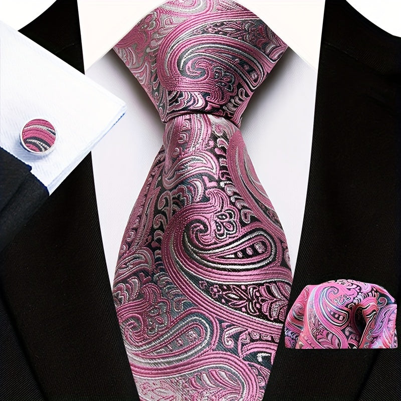 Men's Floral Plaid Necktie Handkerchief Clip Set