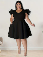 Solid Ruffle Sleeve A-Line Cocktail Party Dress With Pocket