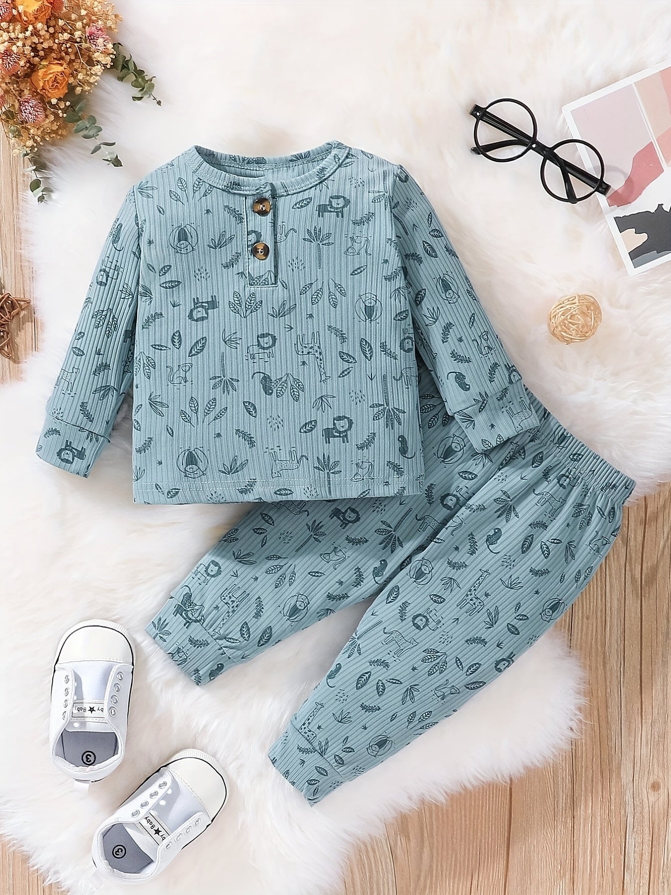 Baby Boys Cartoon Print Top & Trousers 2pcs Round Neck Button Casual Clothes