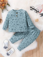 Baby Boys Cartoon Print Top & Trousers 2pcs Round Neck Button Casual Clothes