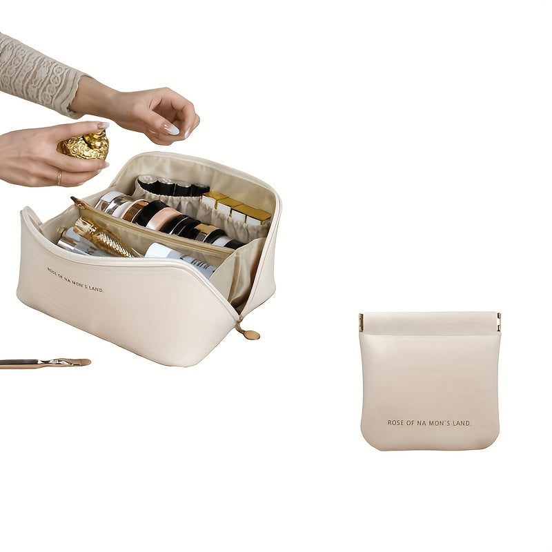 2 Pcs Large Capacity Cosmetic Bag Toiletry Wash Bag Travel Makeup Bag PU Leather