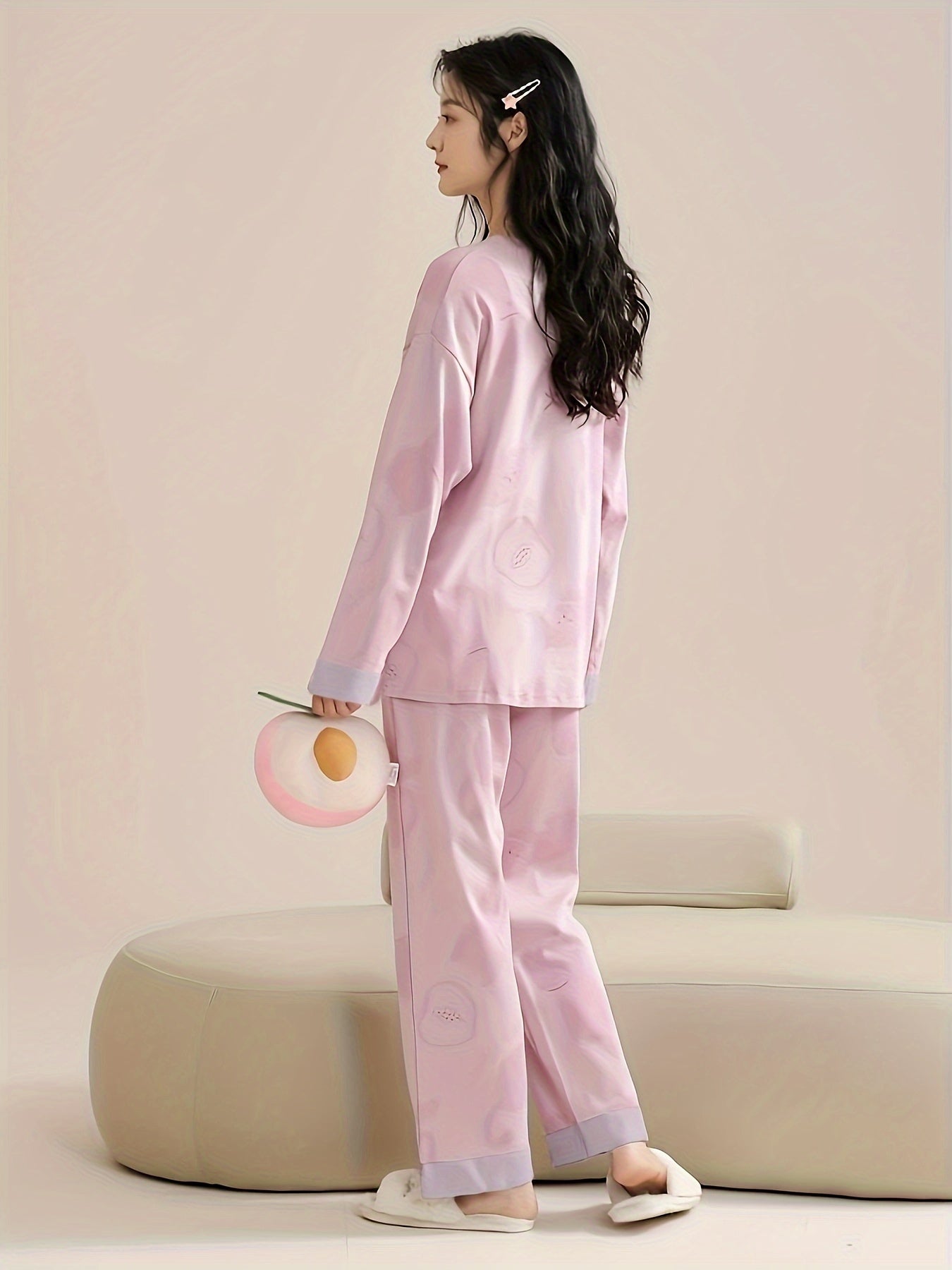 Letter Print Pajama Set Long Sleeve Top & Pants Women's Sleepwear