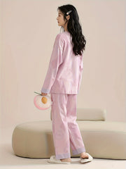 Letter Print Pajama Set Long Sleeve Top & Pants Women's Sleepwear