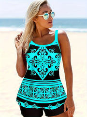 Geo Print Tankini Set Women's Cami Top & Shorts Swimsuit 2 Piece Set