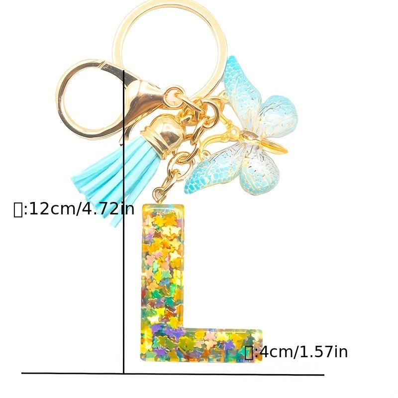 Resin Initial Letter Keychain with Butterfly Pendant and Tassel