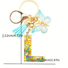Resin Initial Letter Keychain with Butterfly Pendant and Tassel