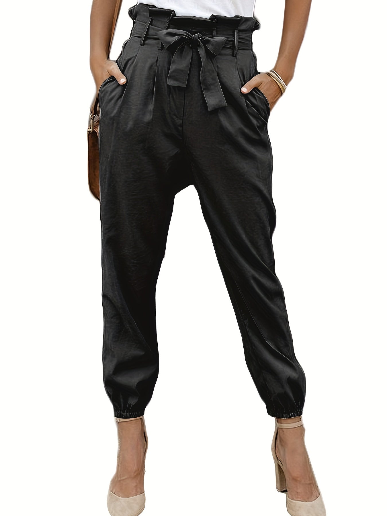 Tie Front Ruched Pants Casual High Waist With Pockets