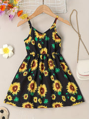 Girls Sunflower Cami Dress Kids Summer Vacation Casual Dress