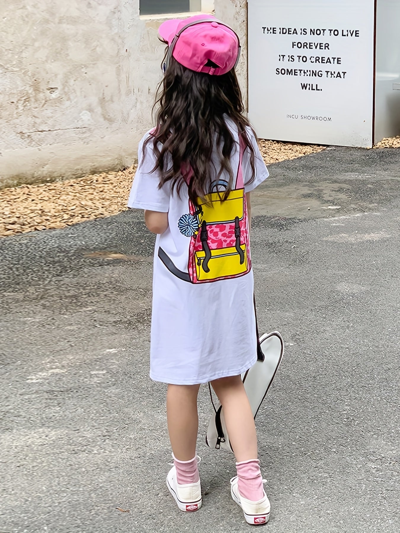 Girl's Backpack Pattern Dress Casual Cotton Short Sleeve Loose Dress