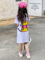 Girl's Backpack Pattern Dress Casual Cotton Short Sleeve Loose Dress