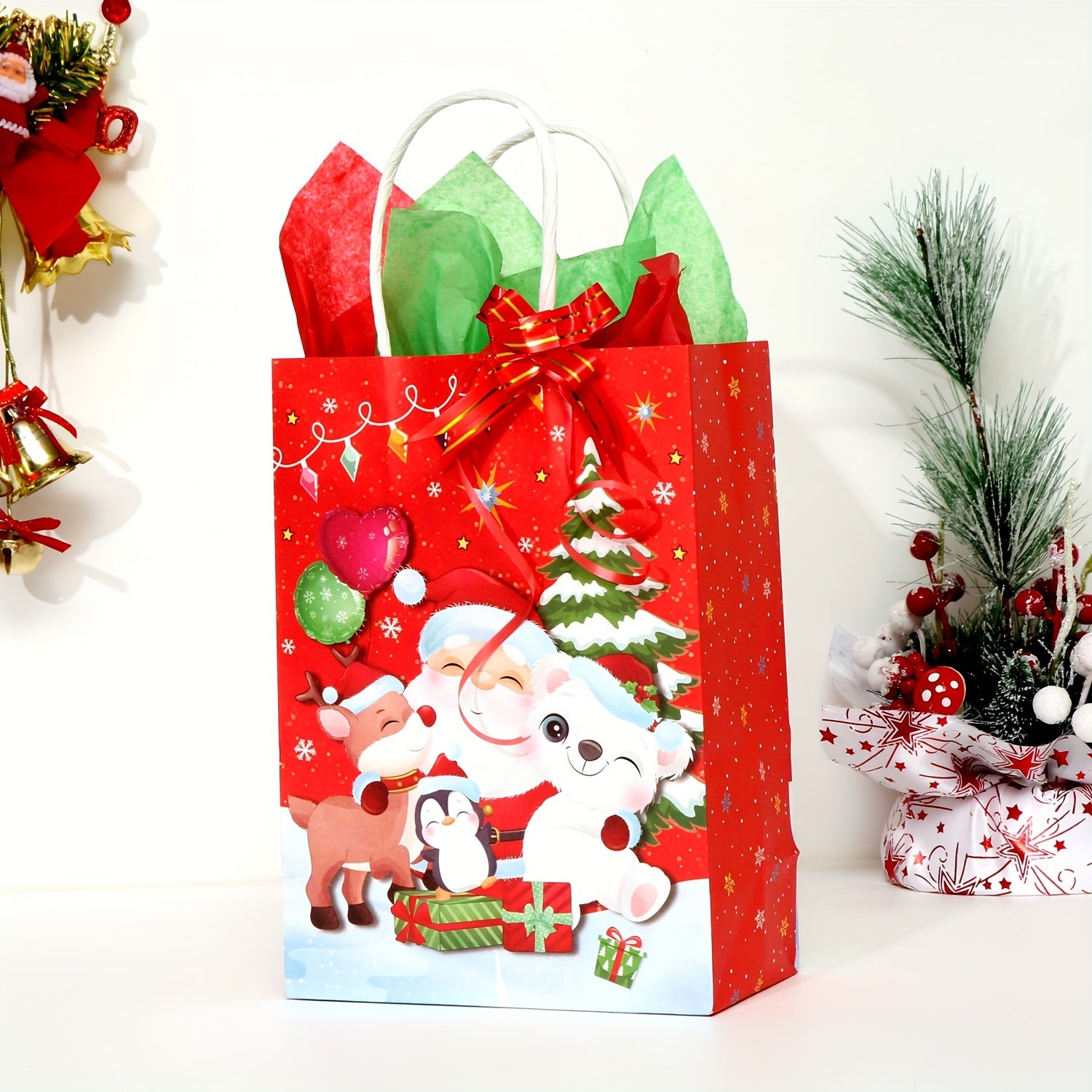 4pcs Christmas Merry Theme Gift Bag Set Small Size with 8 Large Paper Wrappers