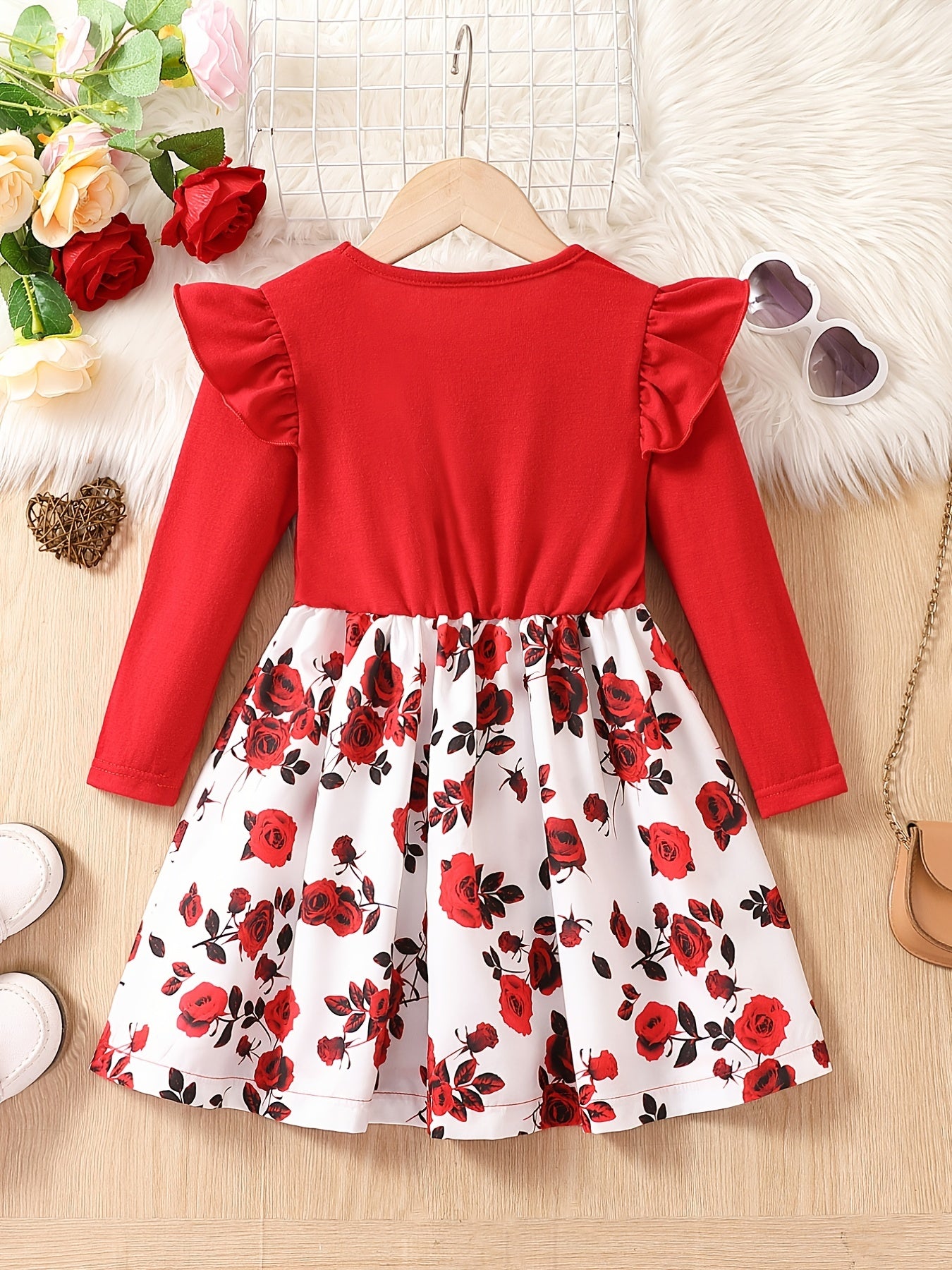 Girls' Rose Flowers Graphic Long Sleeve Dress Spring Autumn Outfit